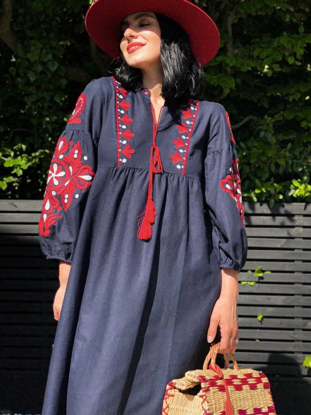 Zara Navy Midi Dress Red White Embroidered Floral Balloon Sleeves Tassels XS